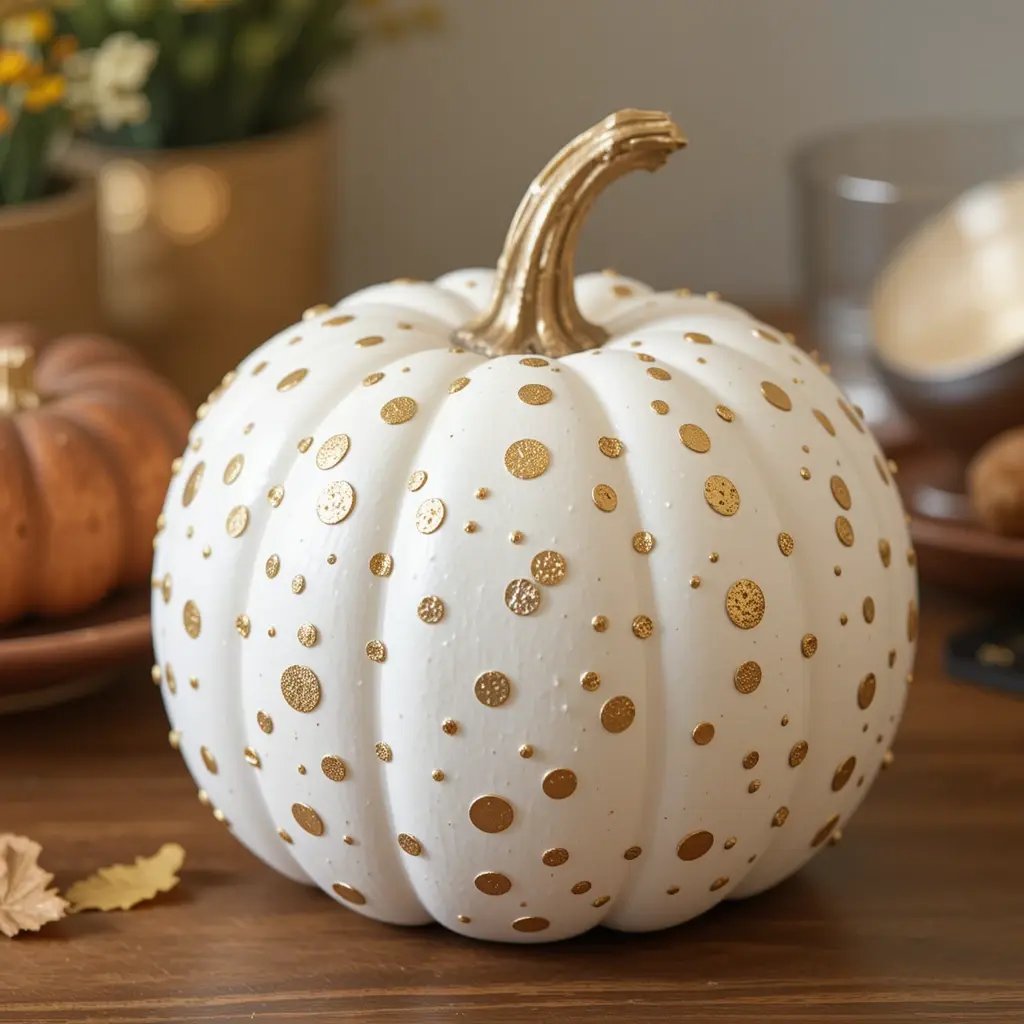 White Pumpkin with Gold Polka Dots