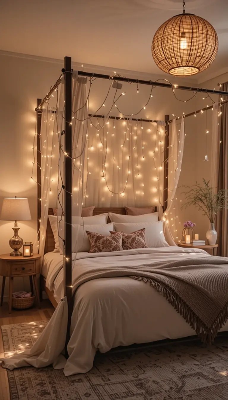 Cozy bedroom featuring a four-poster bed draped with fairy lights, warm lighting, and decorative pillows for a relaxed atmosphere.