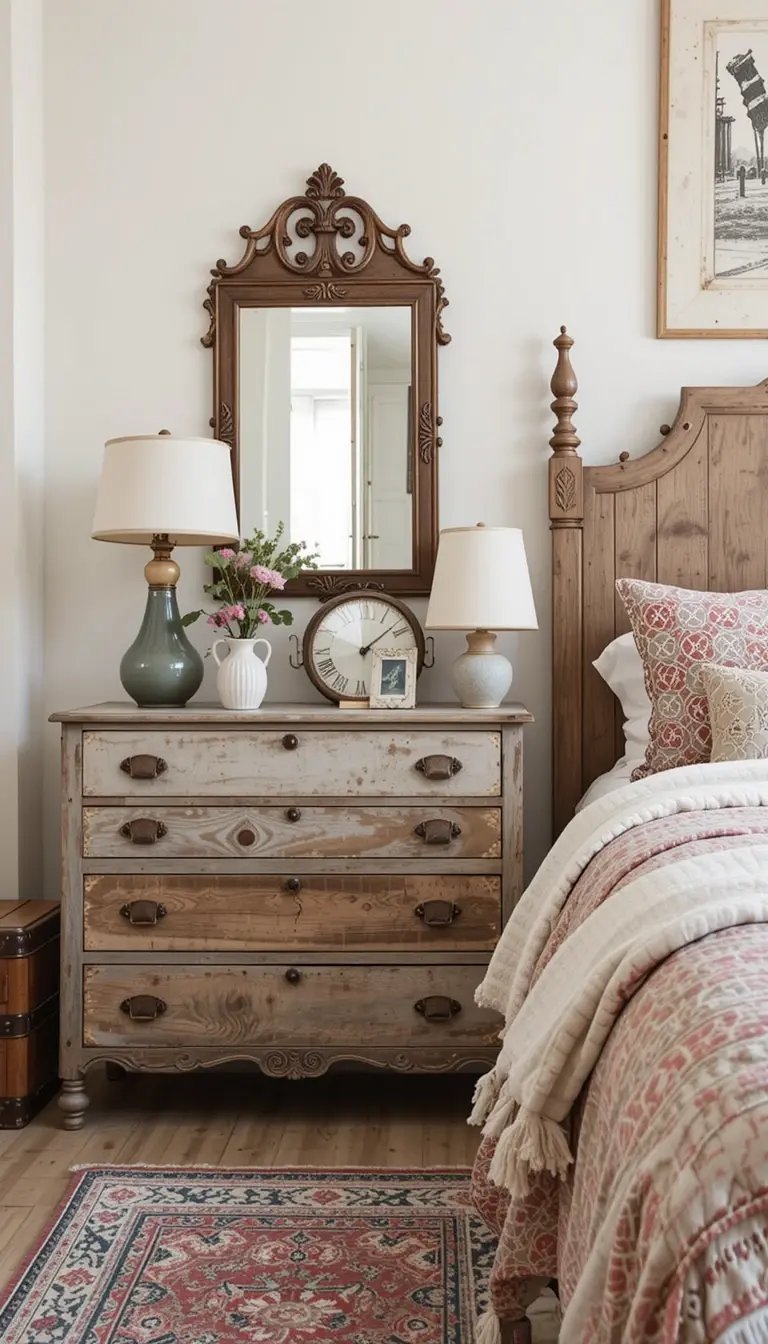 Cozy bedroom corner featuring a rustic dresser, decorative mirror, vintage clock, and floral accents, with a patterned bedspread.
