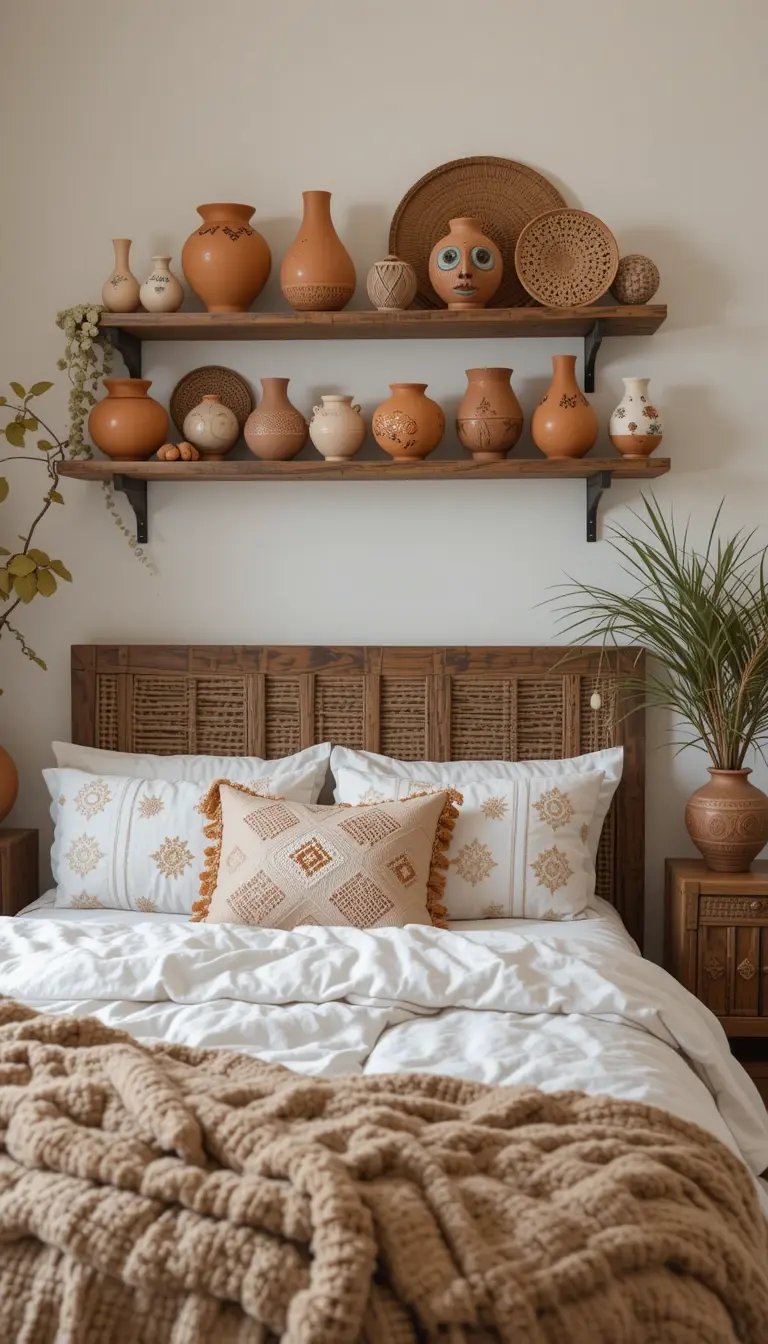 A cozy bedroom featuring a wooden headboard, decorative pillows, a warm blanket, and a shelf of clay pots and pottery art.