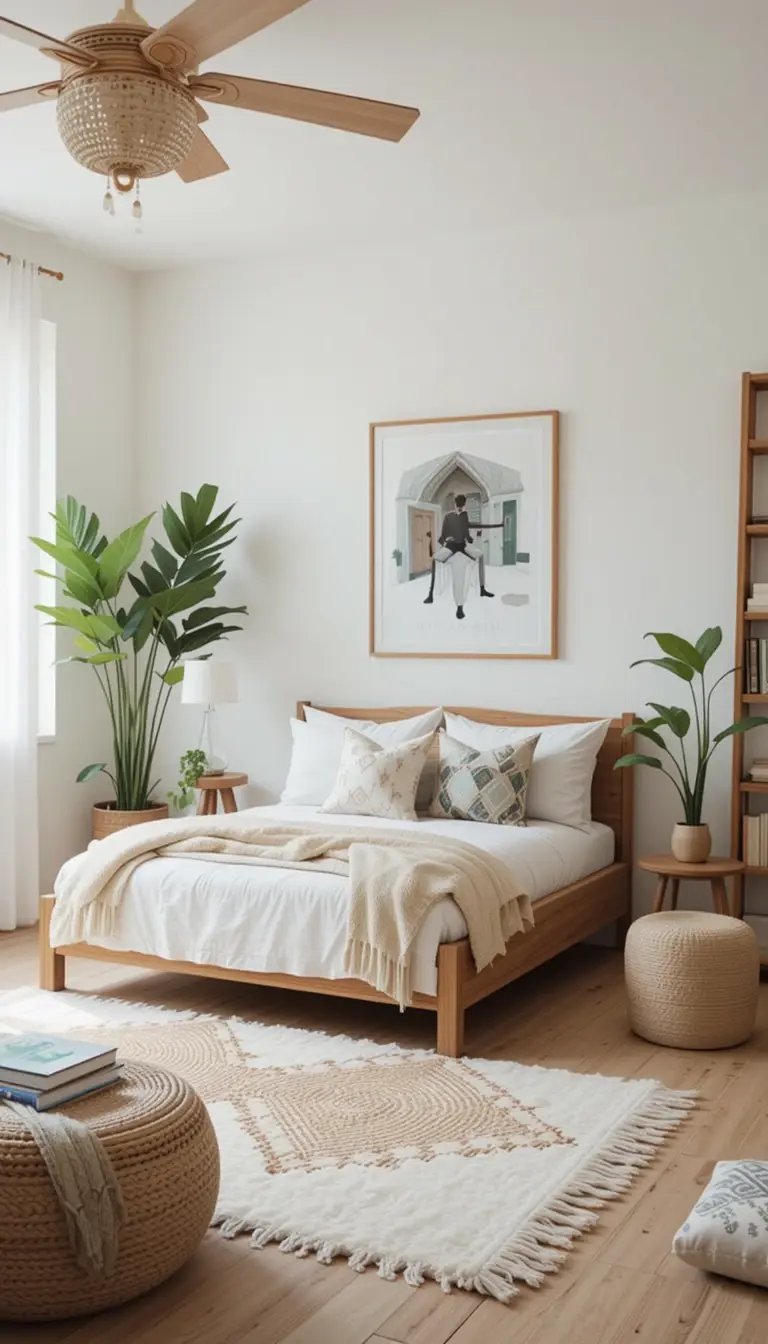 Bright, minimalist bedroom featuring a wooden bed, indoor plants, a woven rug, and a stylish ceiling fan. Cozy and inviting atmosphere.