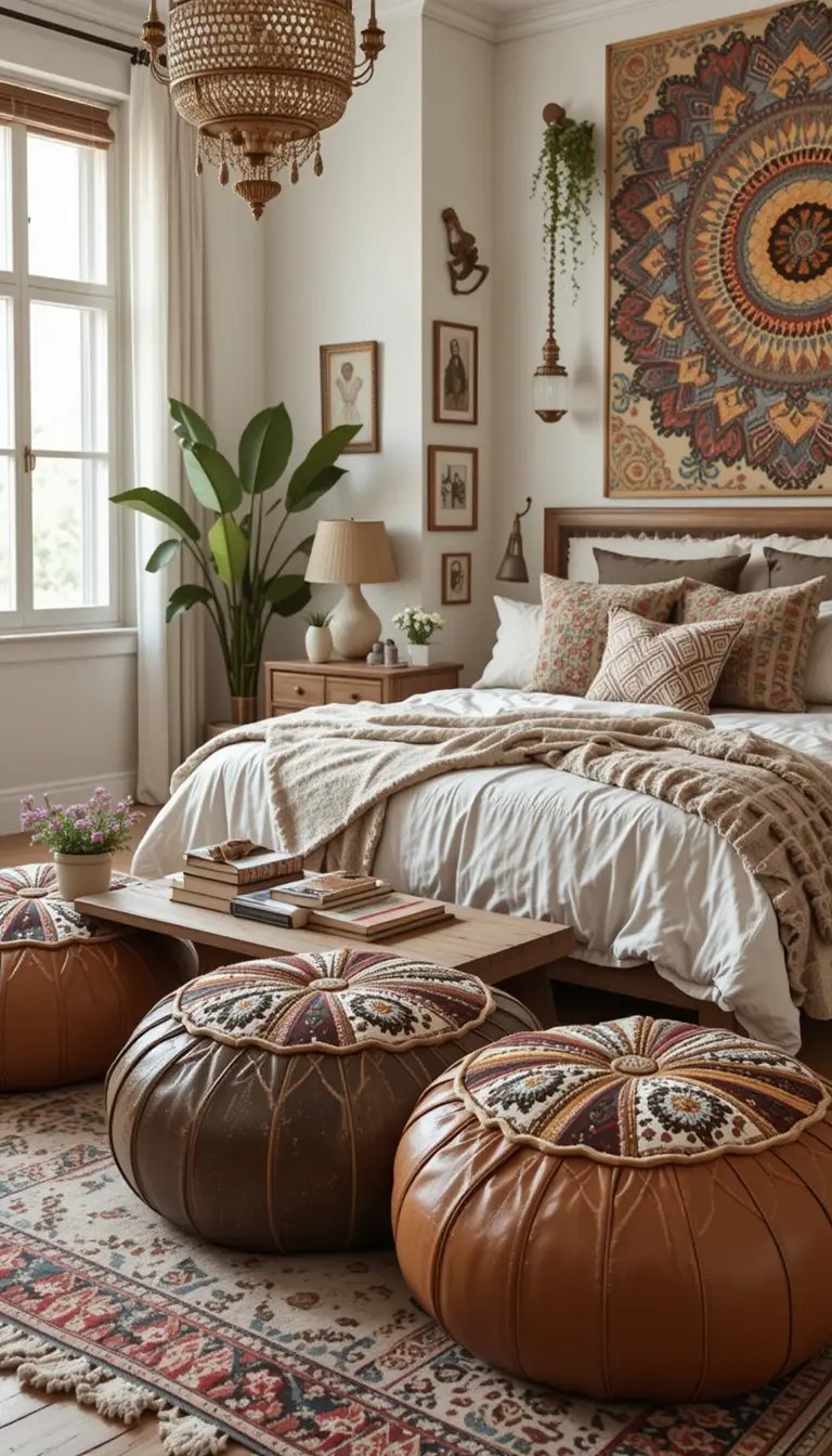 Cozy bedroom with a bed, patterned poufs, a wooden coffee table, and lush plants, adorned with warm, earthy decor and soft lighting.