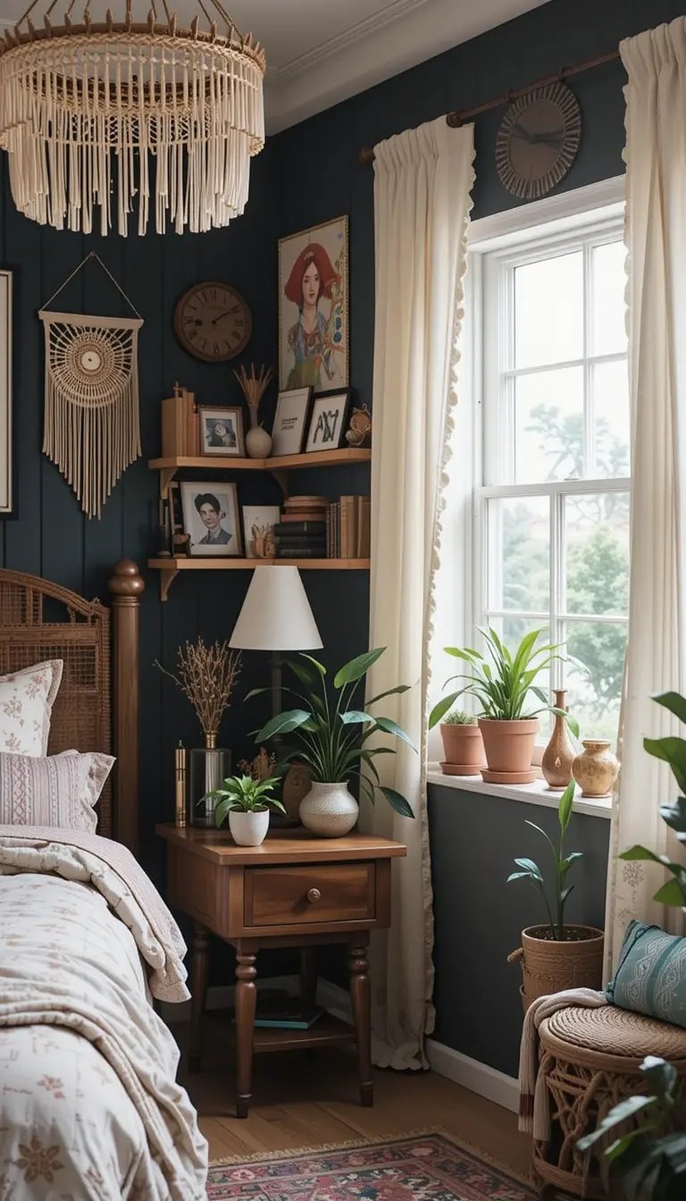Cozy bedroom with a wooden bed, elegant curtains, a plant-filled window, and chic decor including a lamp and wall art.