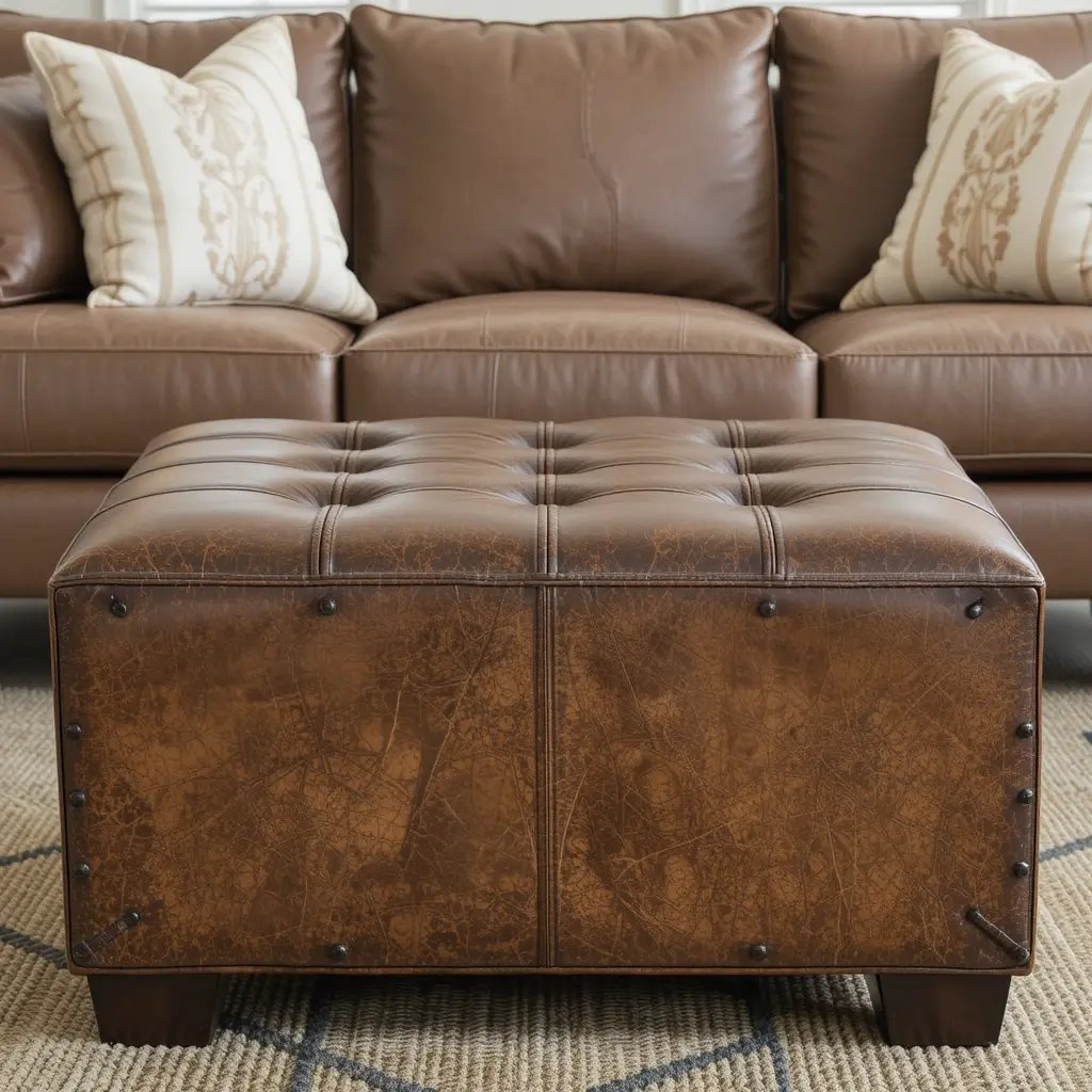 Distressed Leather Ottoman
