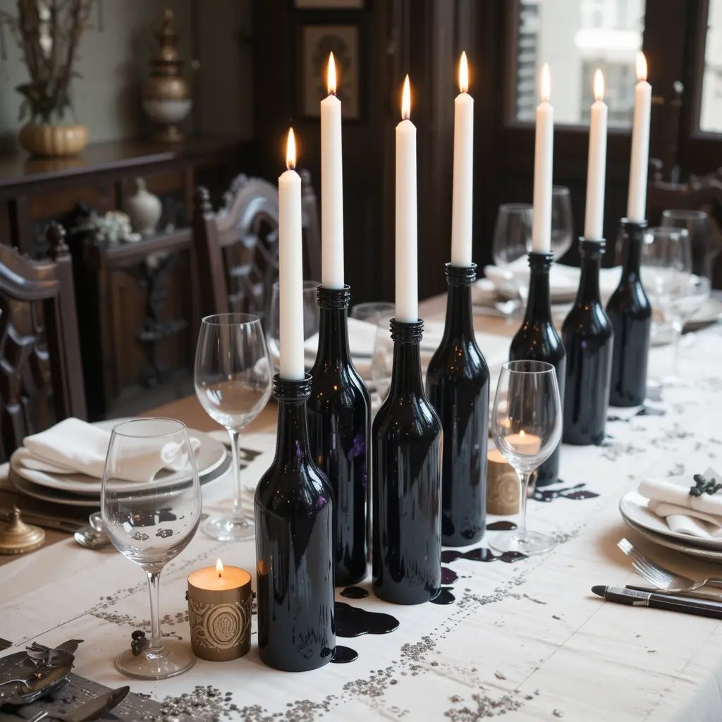 Black Candlesticks in Wine Bottles