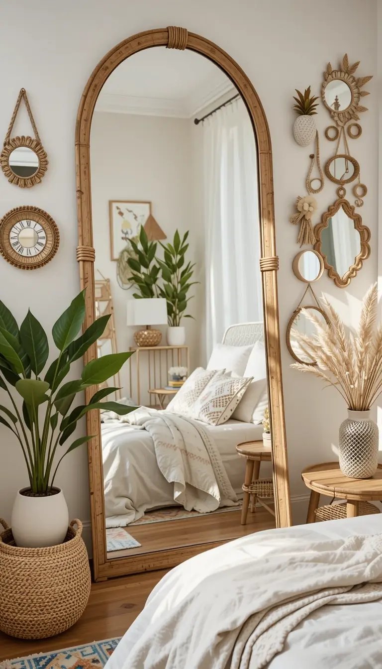 A stylish boho bedroom featuring a large arched mirror, decorative plants, and various wall mirrors, all bathed in natural light.
