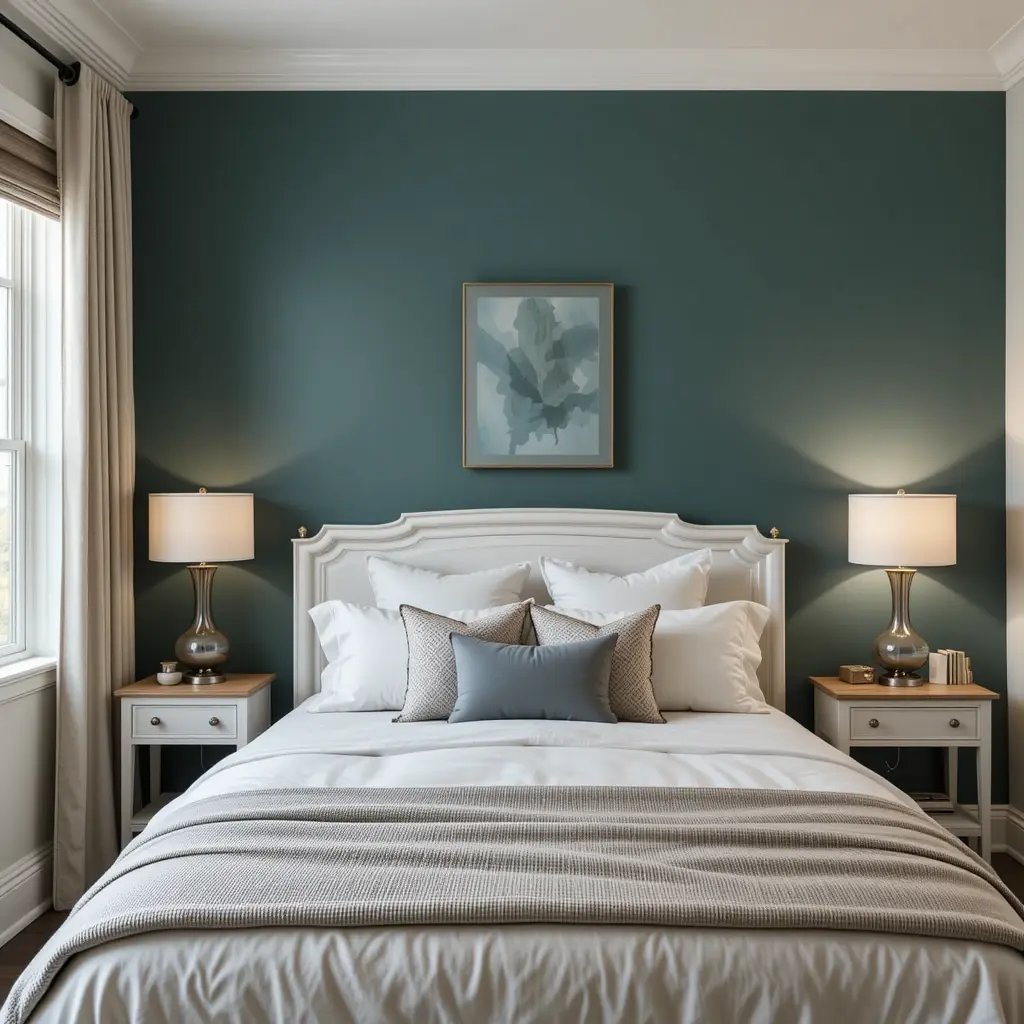 Dark Teal Accent Wall Behind the Headboard