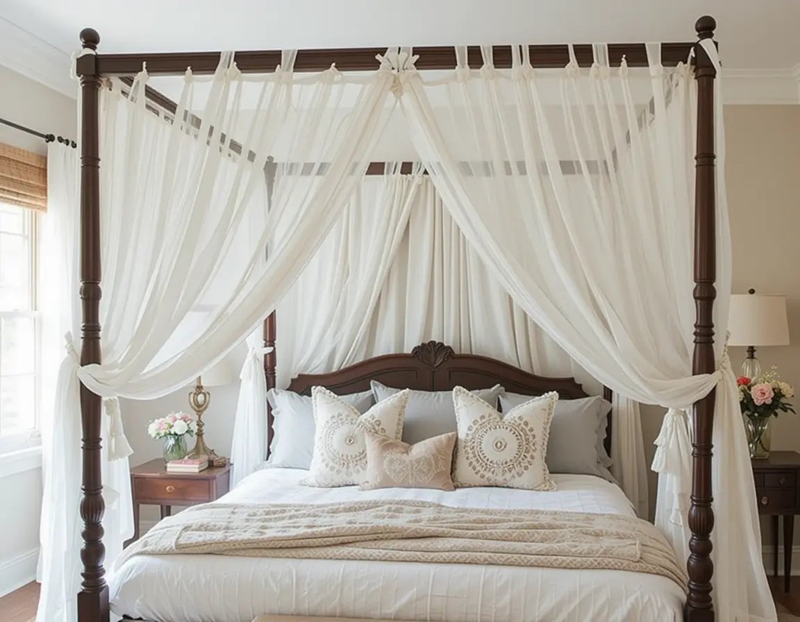 A cozy bedroom featuring a dark wood four-poster bed draped with sheer white fabric, adorned with plush pillows and soft bedding.