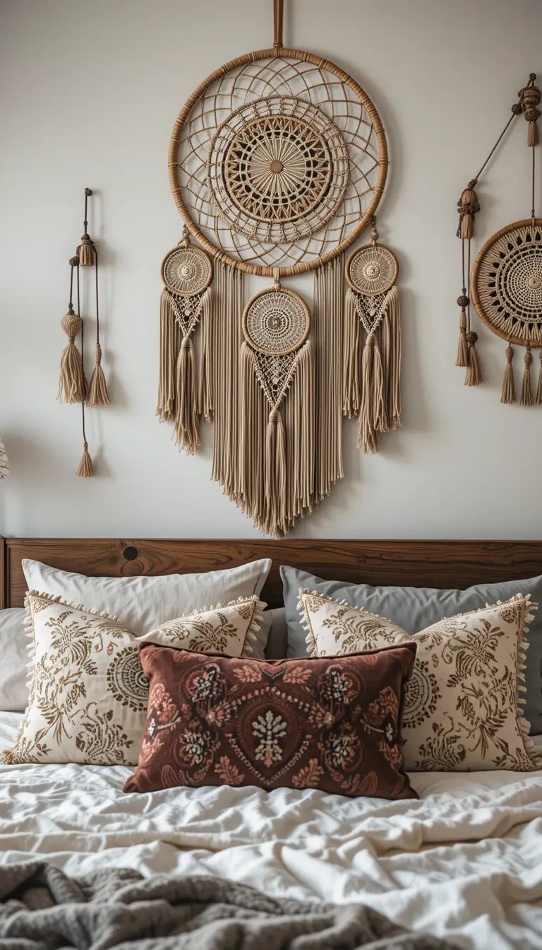 A cozy bedroom featuring a wooden bed, decorative pillows, and intricate macramé wall hangings in neutral tones.
