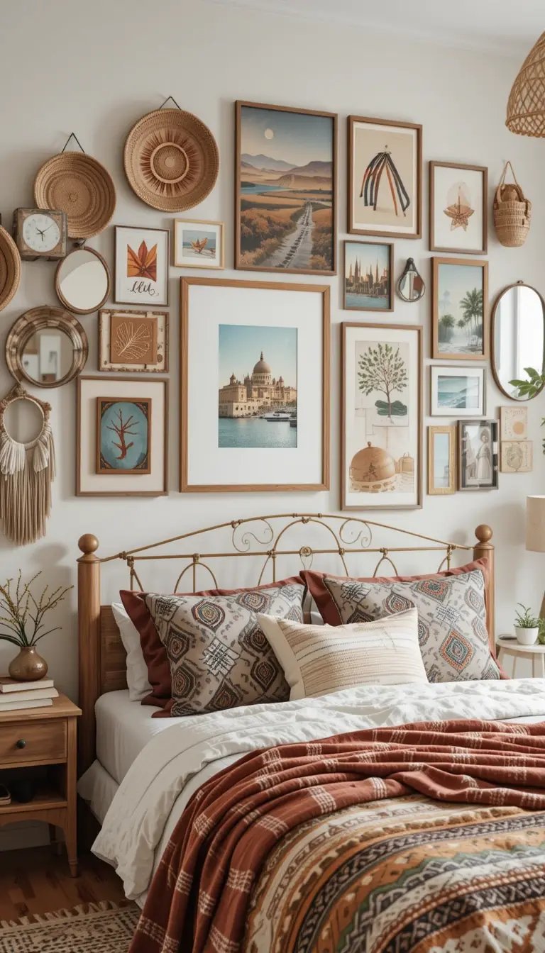 Cozy bedroom with a decorative wall of framed art and woven pieces, featuring a bed adorned with earthy-toned blankets and patterned pillows.