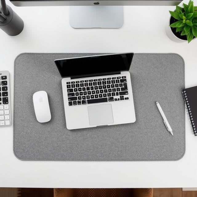 A desk mat defines your workspace, protects your surface, and adds texture. Plus, it just looks cool. Choose leather for sleek vibes or felt for a cozy feel. Image suggestion: Flat lay of a workspace with a gray felt mat and laptop.