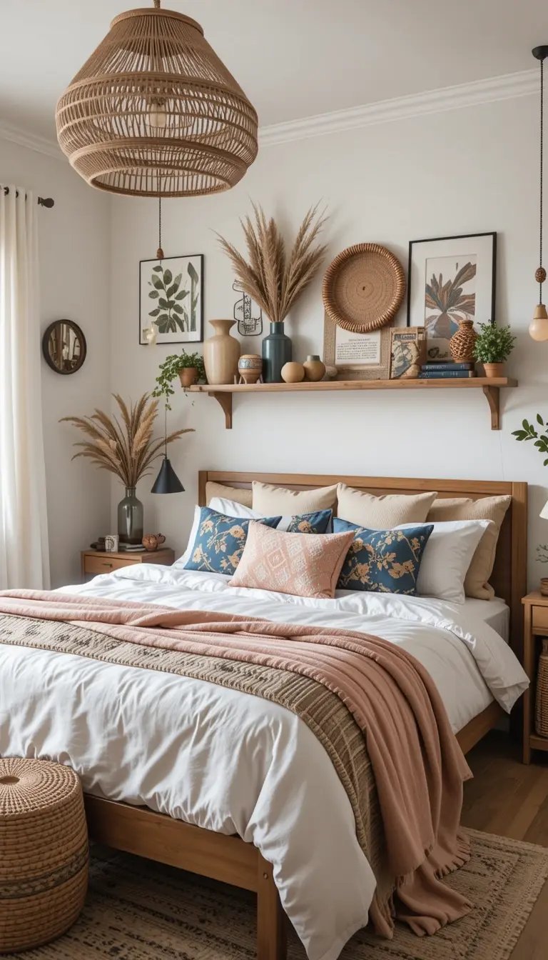 A cozy bedroom with a wooden bed, layered blankets, decorative pillows, and natural accents, adorned with a woven light fixture.