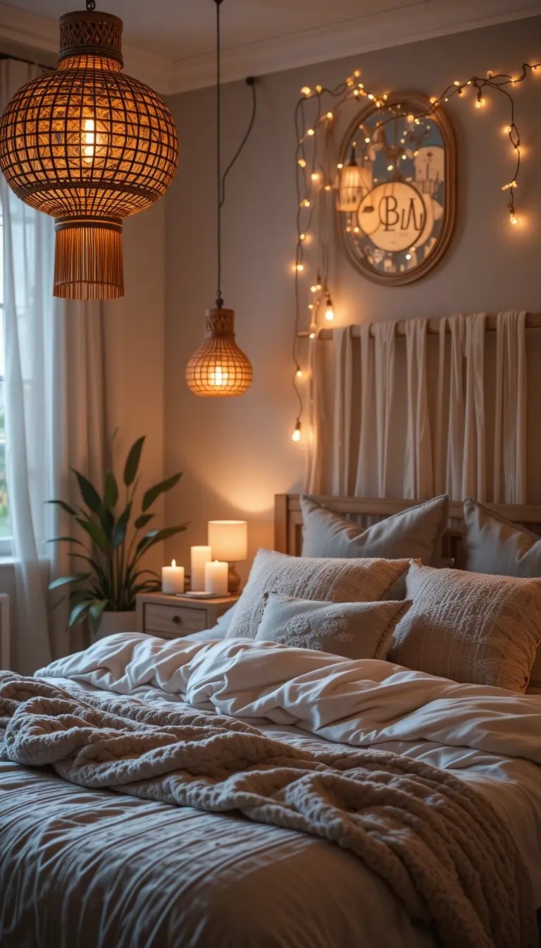 Cozy bedroom illuminated by warm lights, featuring a plush bed with decorative pillows, candles, and stylish woven pendant lamps.