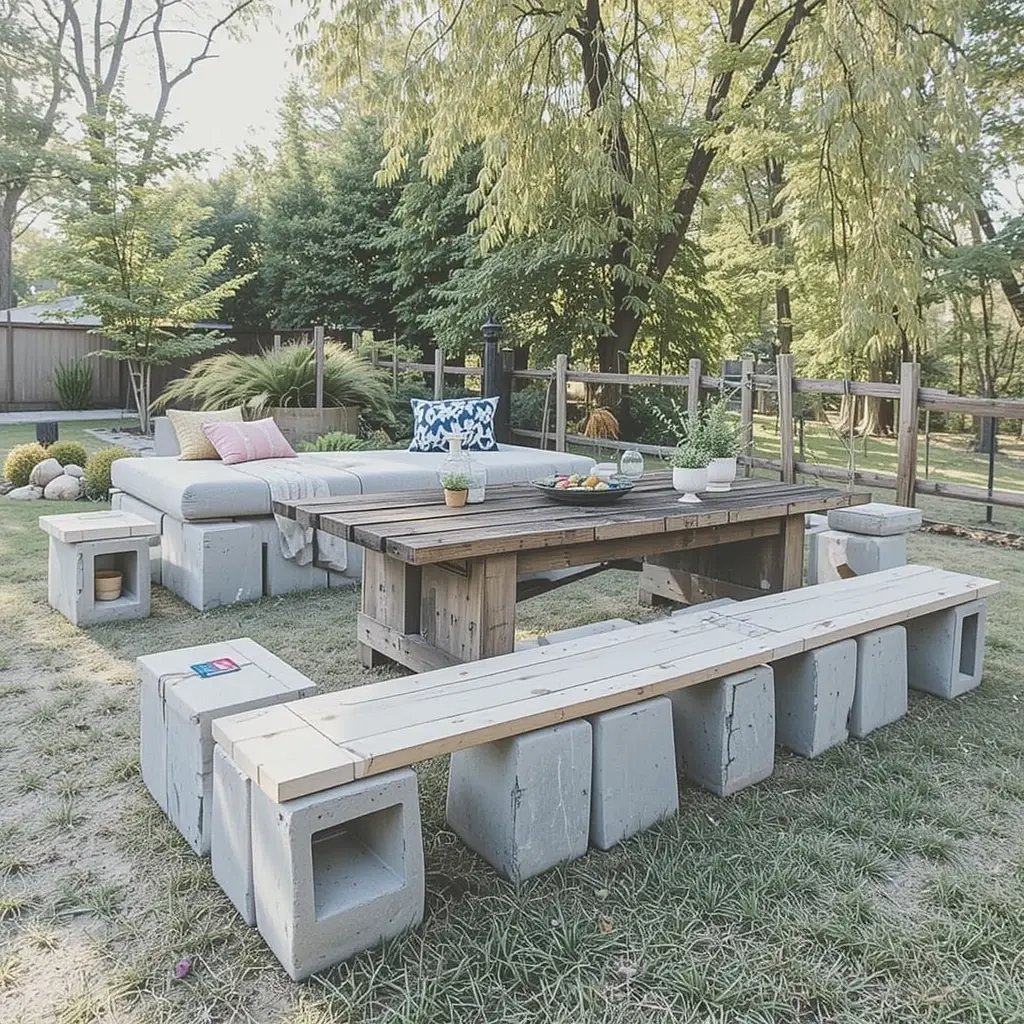 Concrete Block and Wood Board Benches