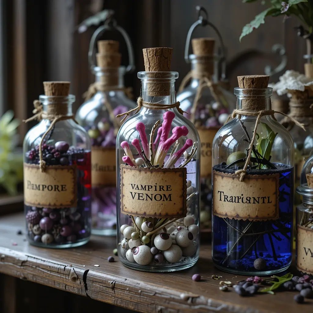 clear glass jars or apothecary bottles with weird “ingredients