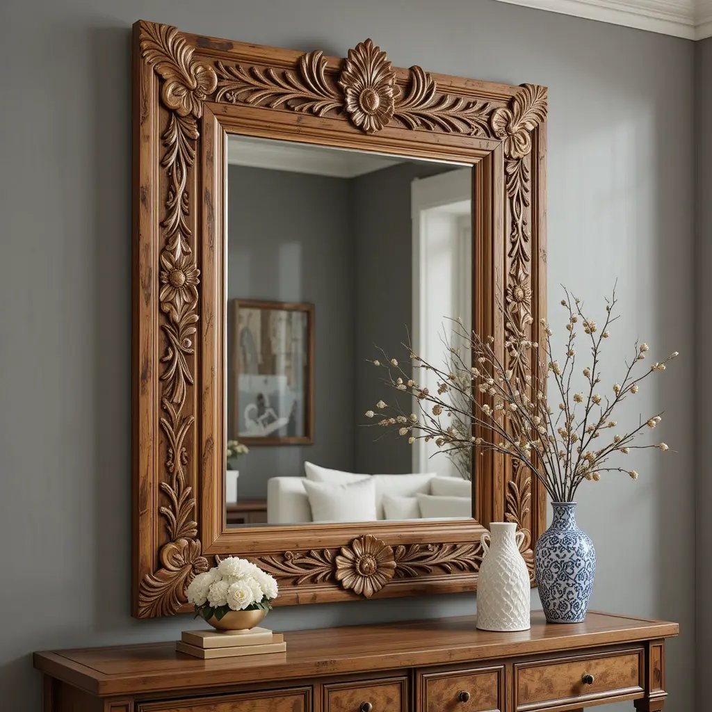 Hand-Carved Wooden Mirror Frame