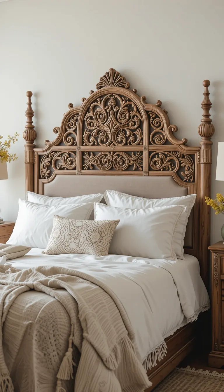 A beautifully styled bedroom featuring a carved wooden headboard, plush white bedding, decorative throw pillows, and lamps.