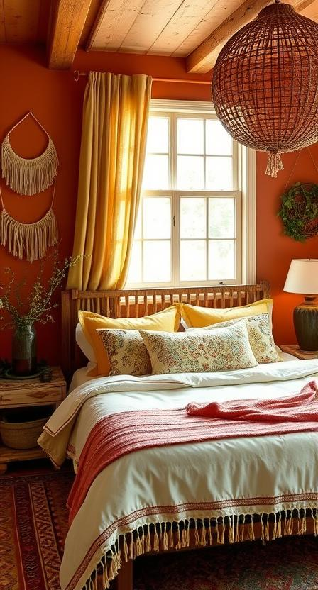 A cozy bedroom with orange walls, a wooden bed adorned with colorful pillows, warm curtains, and a large woven pendant light.