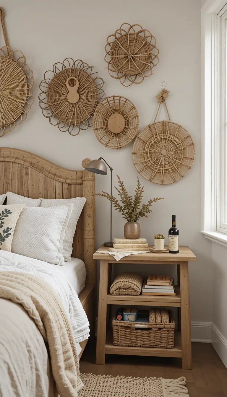 A cozy bedroom features a wooden bed with textured pillows, a rattan wall display, and a nightstand with plants and a bottle.