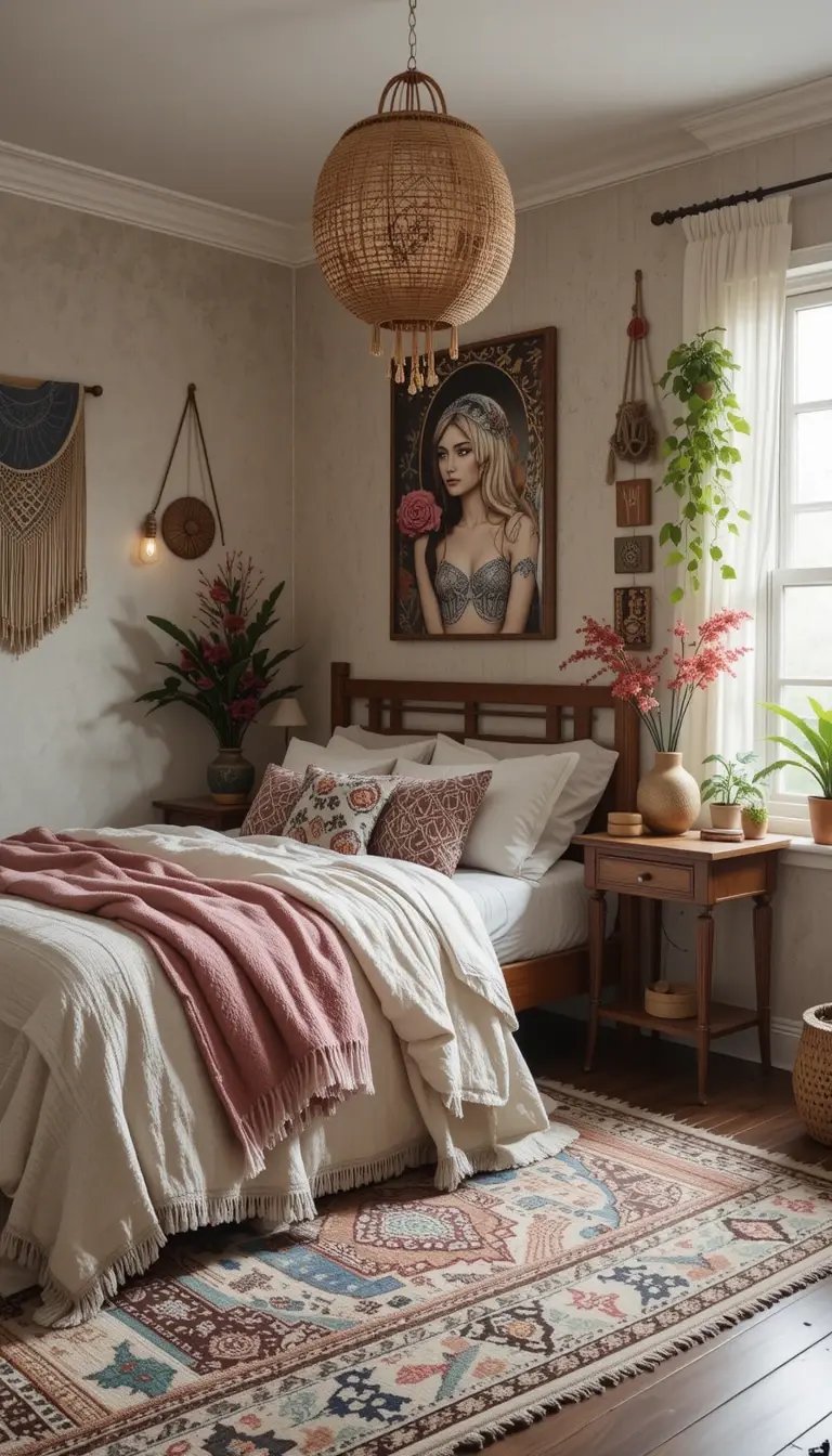 A cozy bedroom featuring a wooden bed with white and pink bedding, a woven pendant light, and decorative plants beside an ornate rug.
