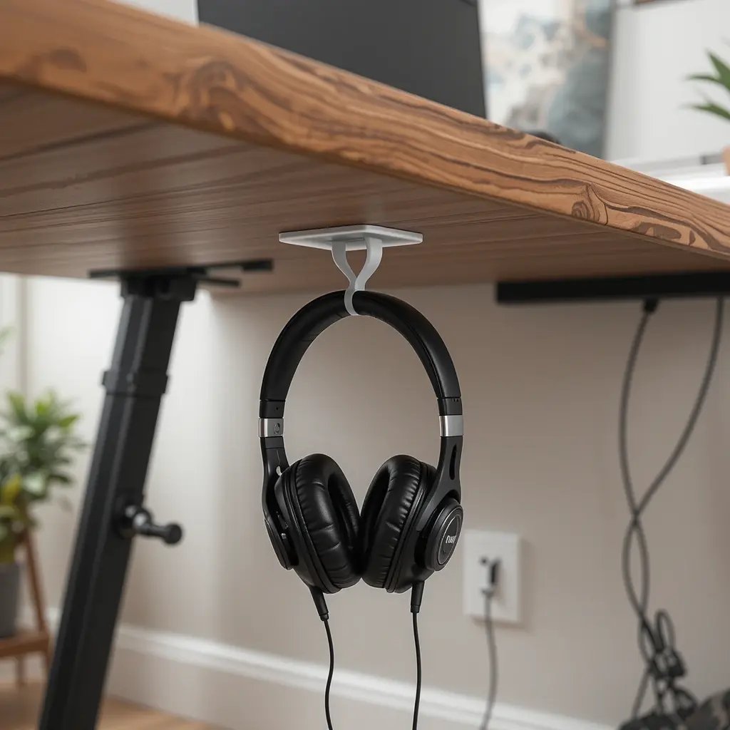 Utilize Under-Desk Hooks for Headphones or Bags