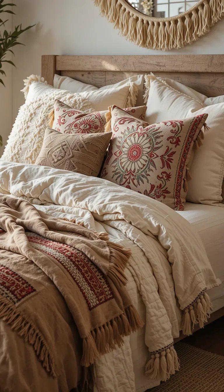 Cozy bed with textured pillows in warm tones, a fringed blanket, and a decorative mirror, creating a welcoming, stylish atmosphere.
