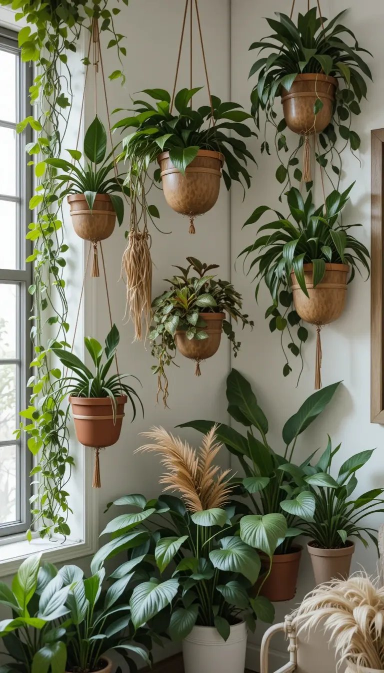 Lush indoor plant display featuring hanging planters, trailing vines, and various potted greenery against a light wall.