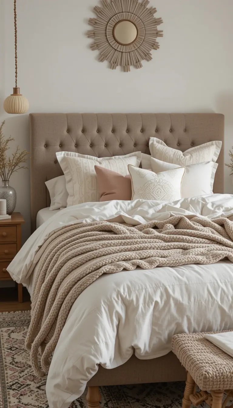 Cozy bedroom featuring a tufted beige headboard, layered pillows, a creamy throw blanket, and a decorative mirror above the bed.