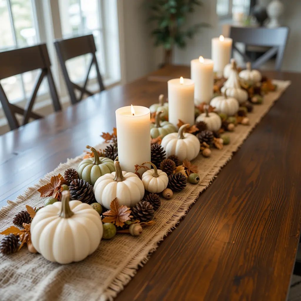 Burlap Table Runner with Mini Pumpkins