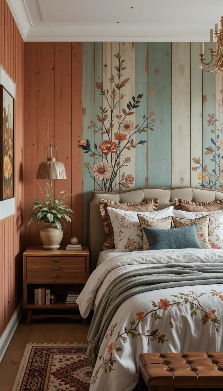 Cozy bedroom featuring floral wallpaper, an upholstered bed with patterned pillows, wooden furniture, and soft lighting.