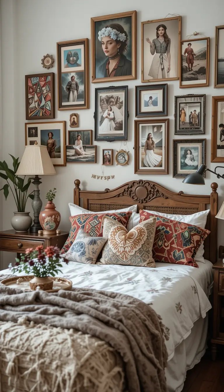 A cozy bedroom featuring a wooden bed with decorative pillows, warm blankets, and framed portraits adorning the wall.