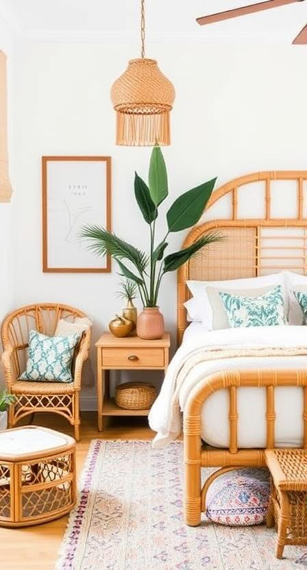 Bright, airy bedroom featuring a rattan bed, tropical plants, and woven decor, complemented by soft pillows and a colorful rug.