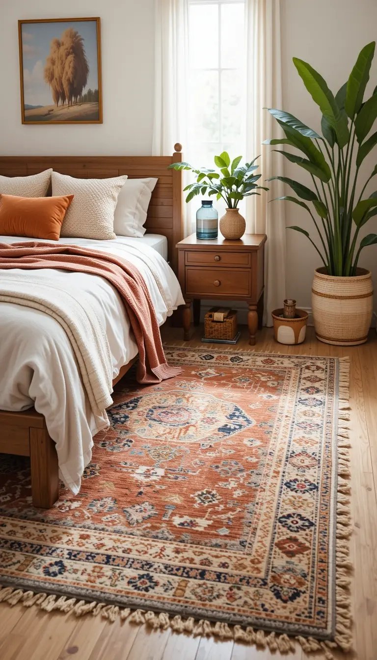 Cozy bedroom featuring a wooden bed, colorful pillows, a patterned rug, and a green plant beside a nightstand with decor.