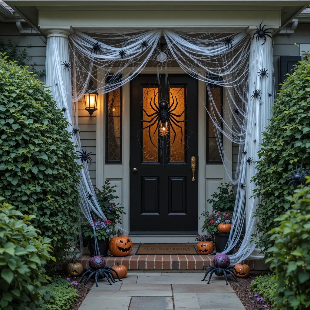 Drape your bushes and porch in faux spider webs