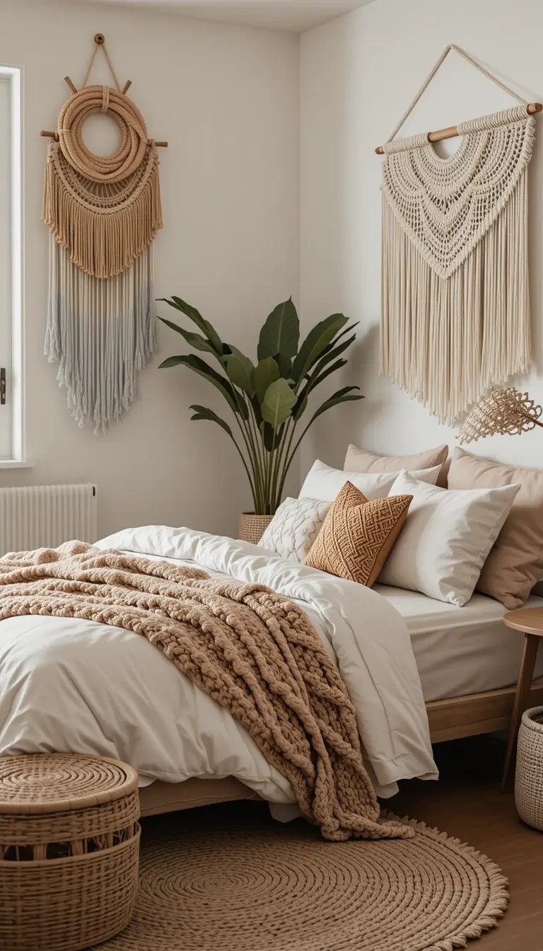 A cozy bedroom with a white bed, textured throws, macramé wall art, a green plant, and a woven rug, creating a tranquil atmosphere.