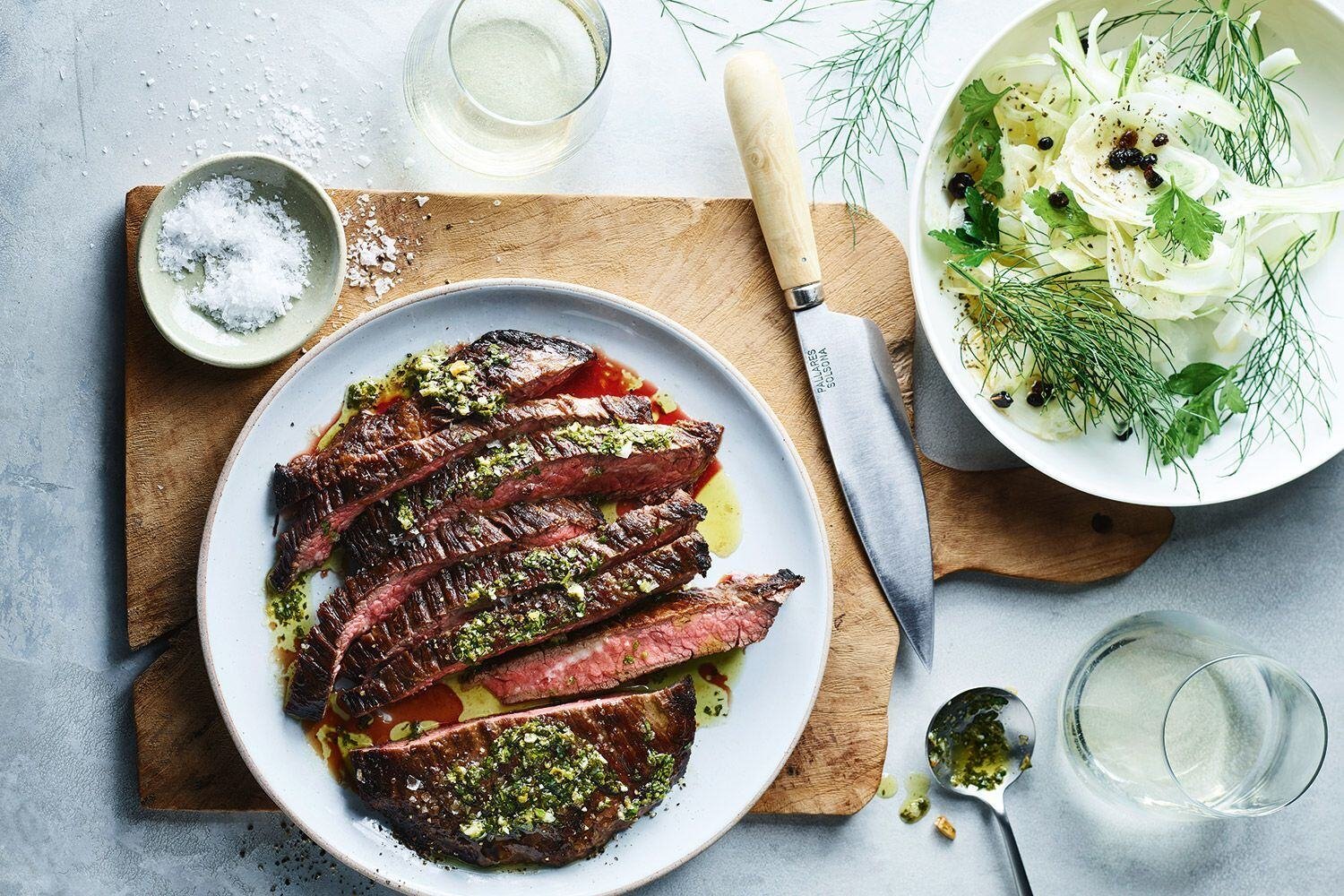 Flank steak with salsa verde and fennel and currant salad