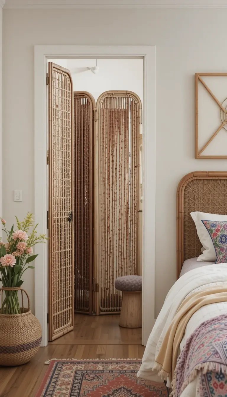 Cozy bedroom featuring a woven screen doorway, floral accents, and a textured bedspread in a warm, inviting atmosphere.