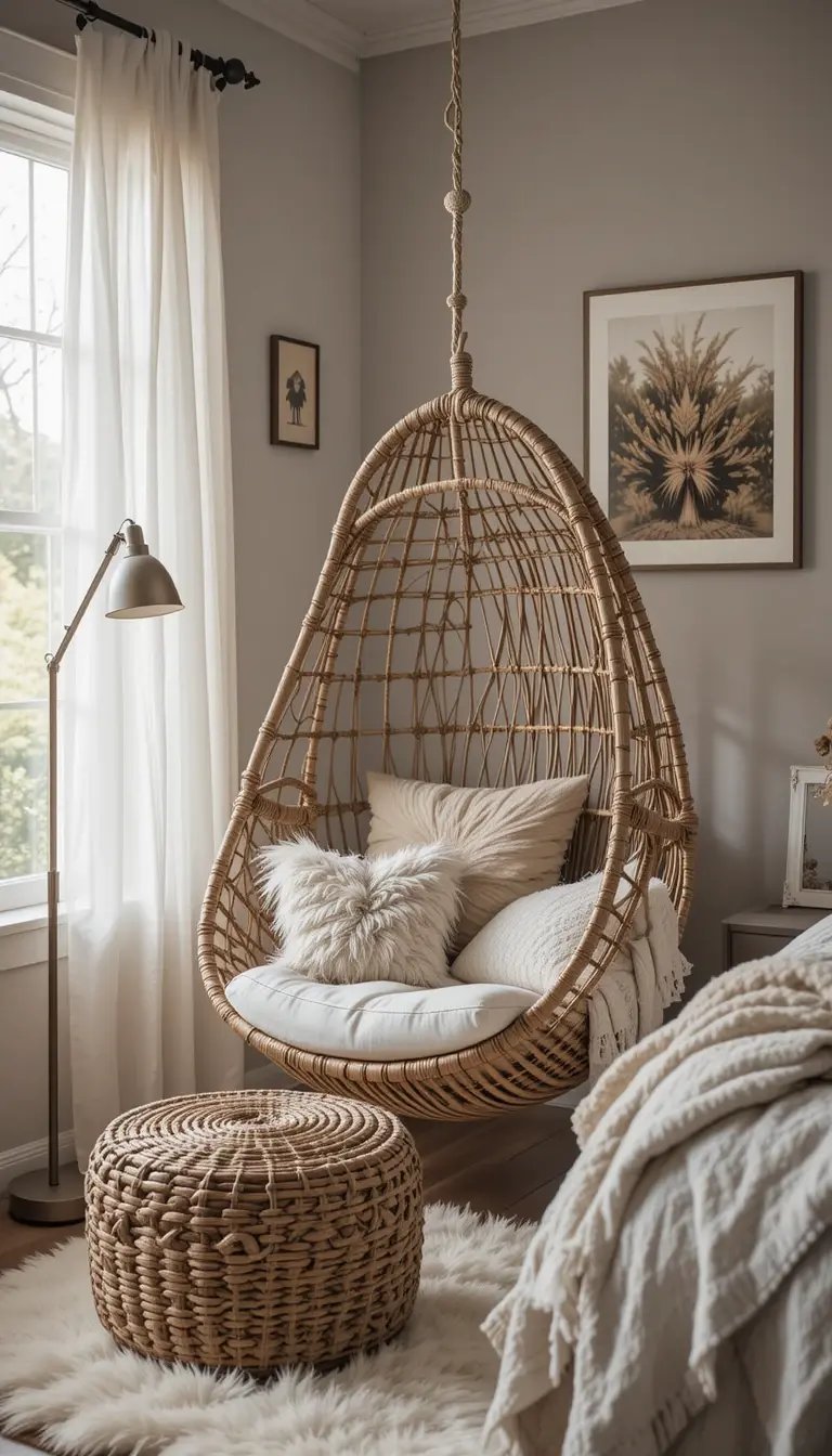 A cozy room features a woven hanging chair with soft cushions, a round wicker ottoman, and a floor lamp, illuminated by natural light.