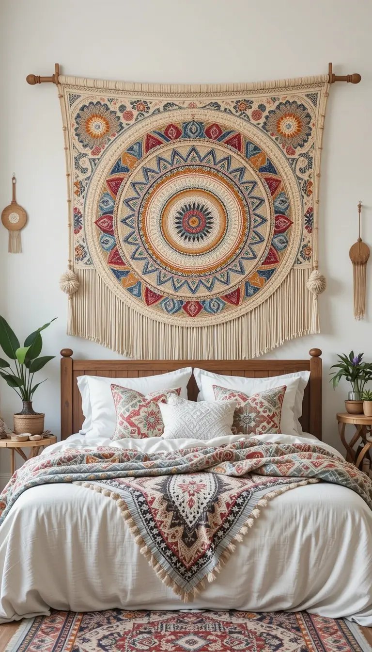 Cozy bedroom featuring a colorful woven wall hanging, decorative pillows, and lush plants, creating a warm, inviting atmosphere.