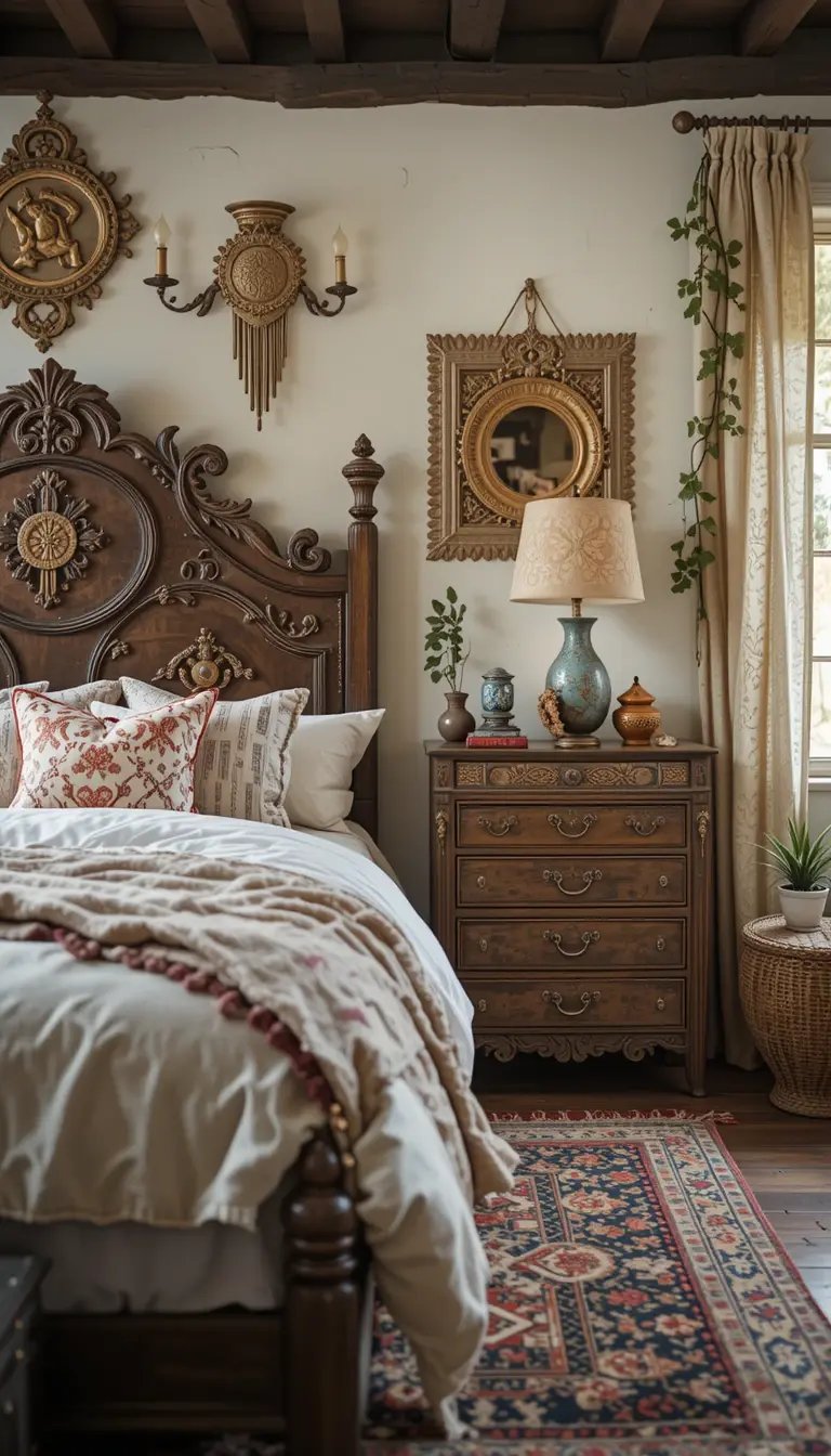 A cozy bedroom featuring a wooden bed with decorative pillows, ornate wall art, a stylish nightstand, and warm, inviting decor.