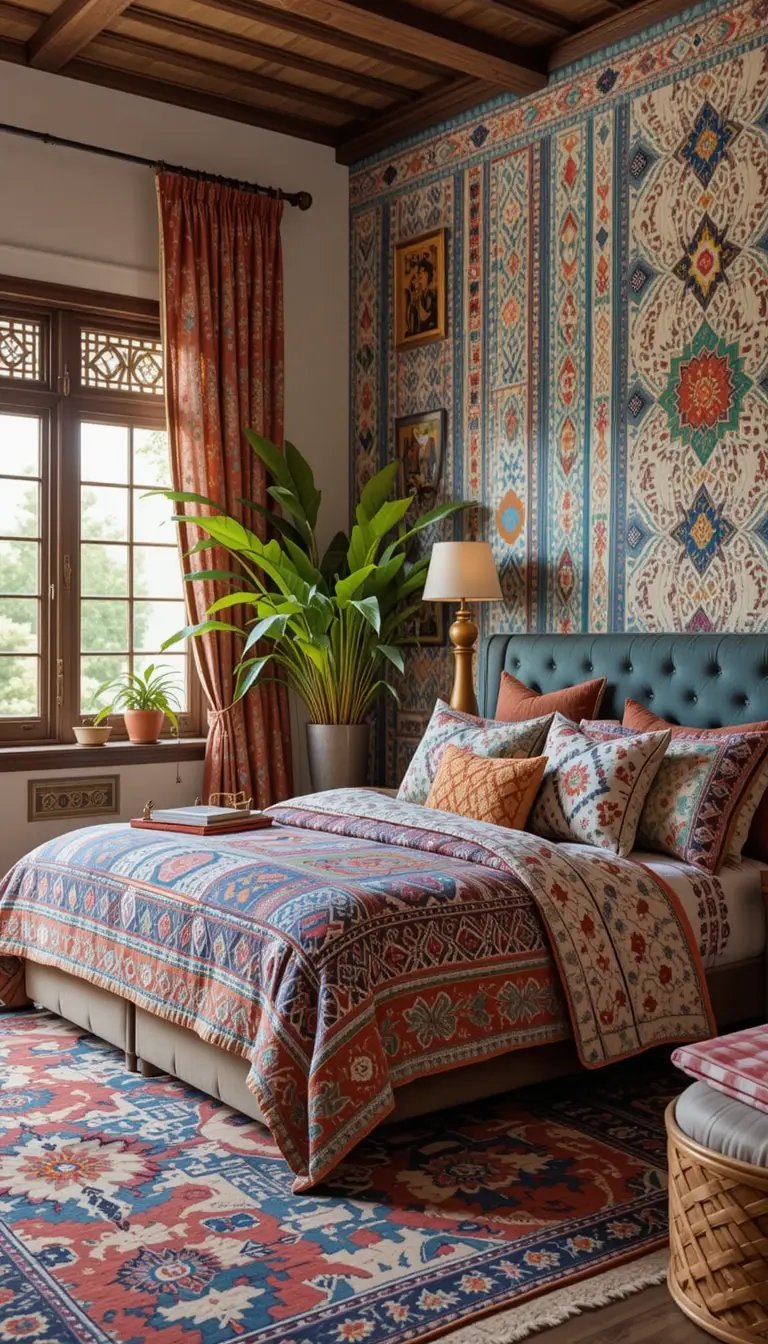 Cozy bedroom featuring a patterned bedspread, decorative pillows, lush plants, and a colorful wall mural, with warm wooden accents.