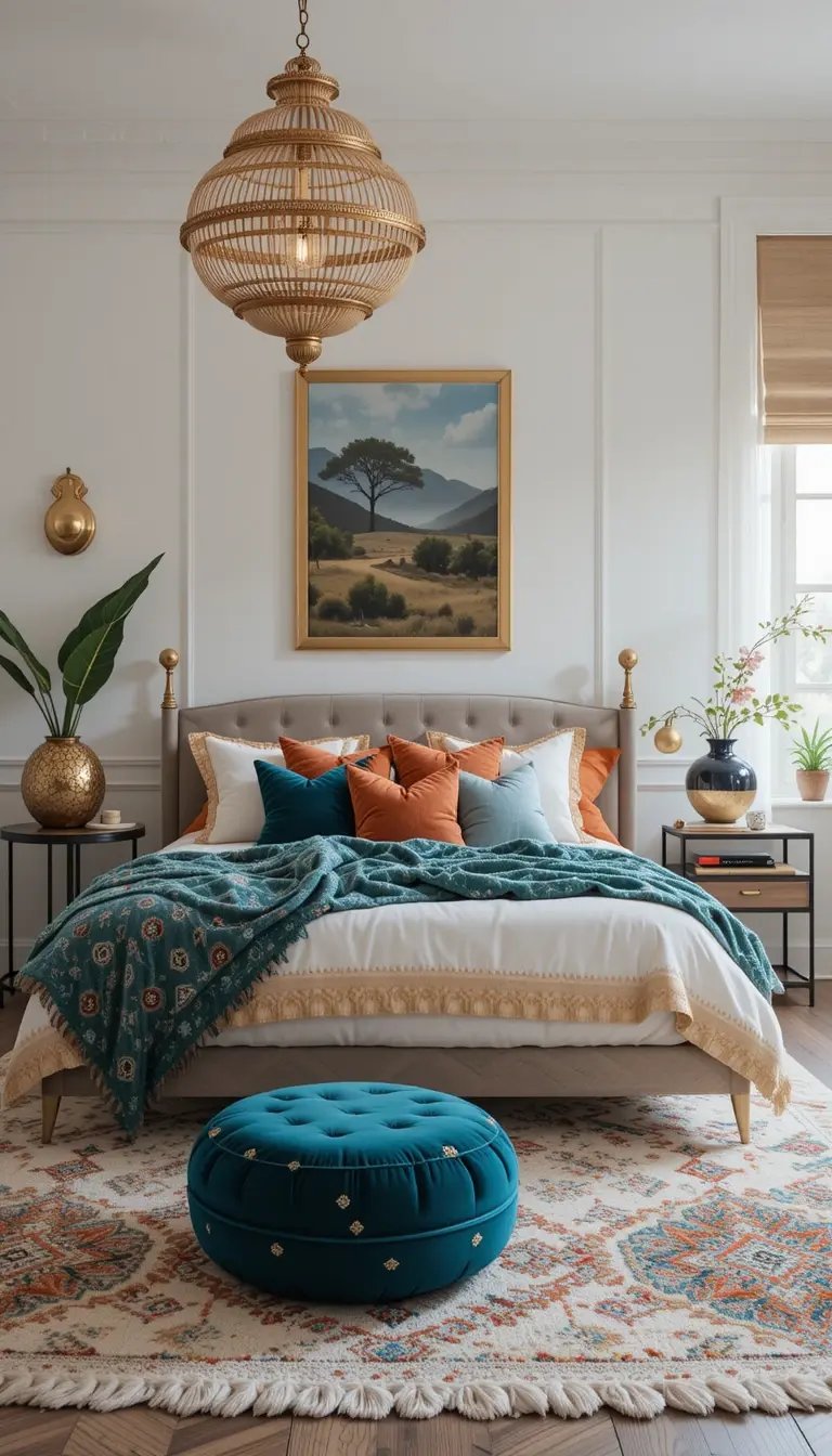 A cozy bedroom featuring a king-sized bed with colorful pillows, a blue accent pouf, and stylish decor, illuminated by a rattan chandelier.