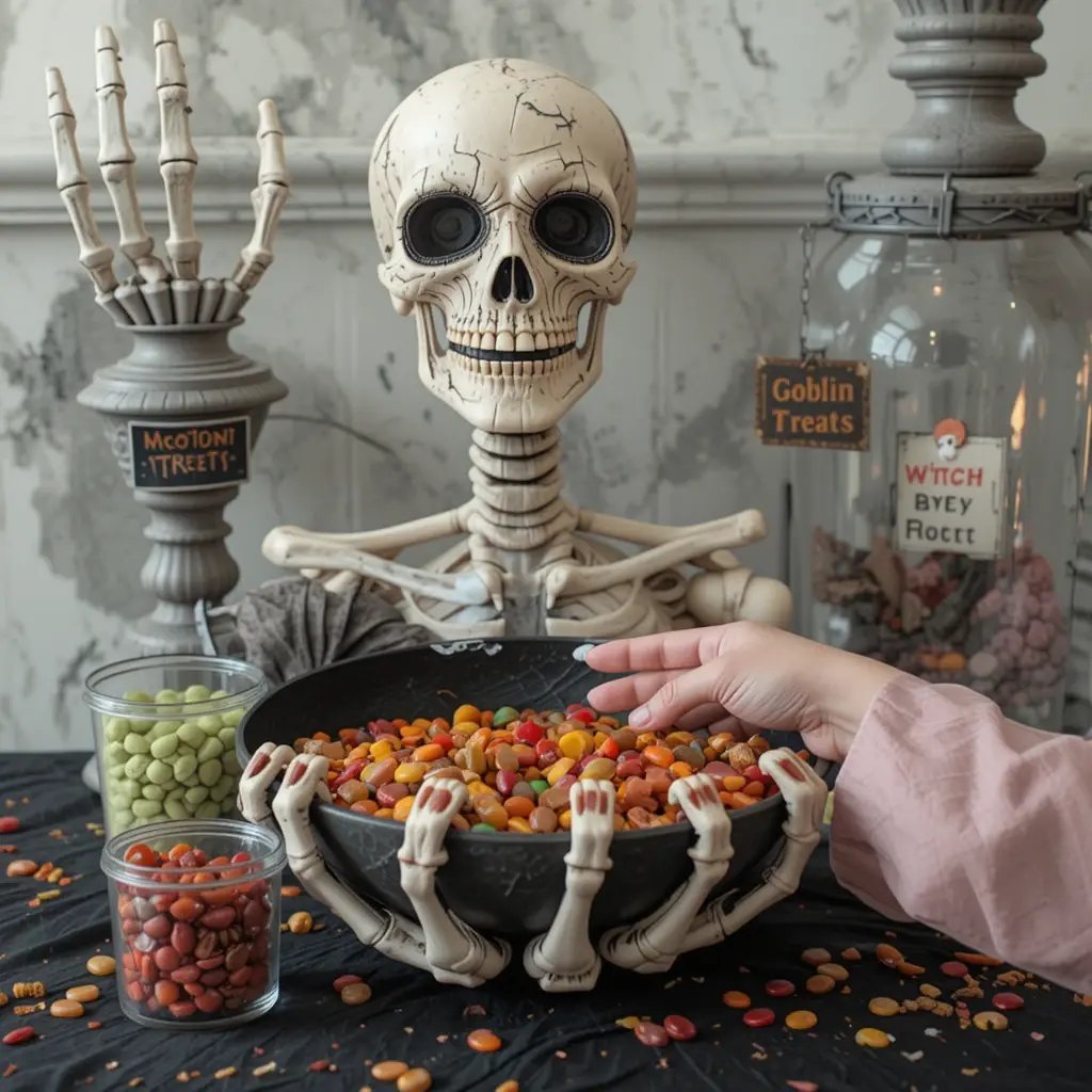 interactive candy station with a skeleton hand bowl