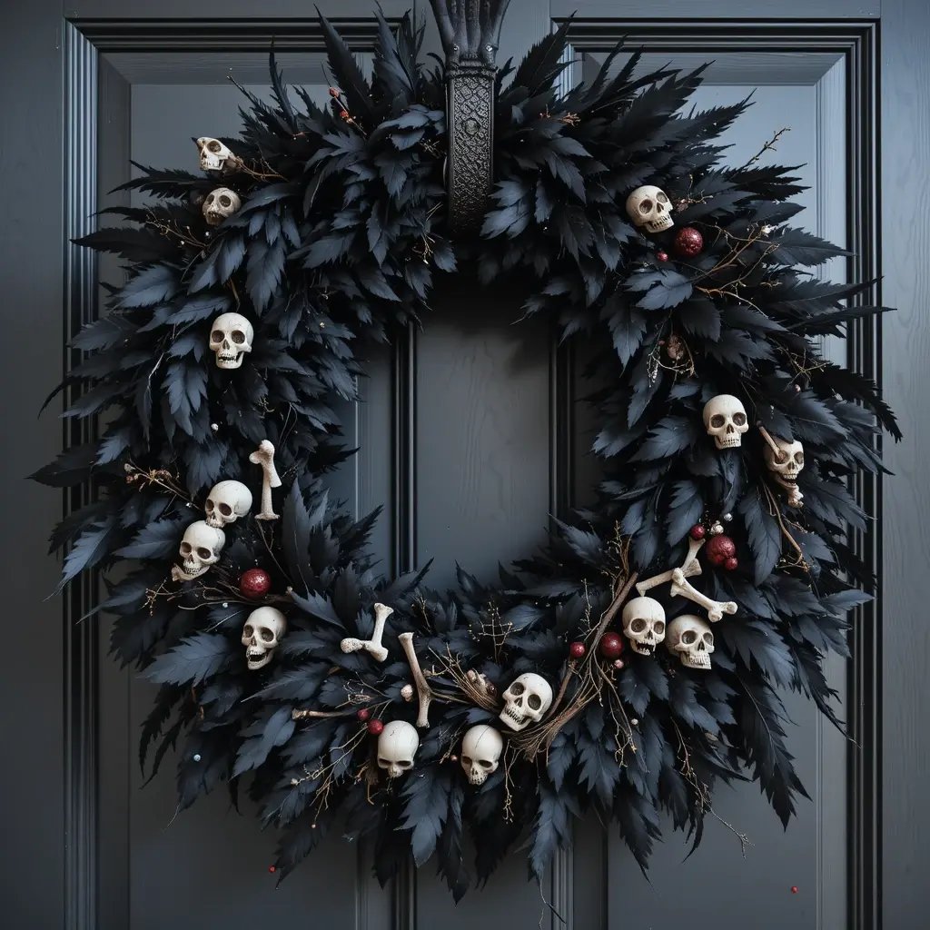 black feathers, bones, small skulls,