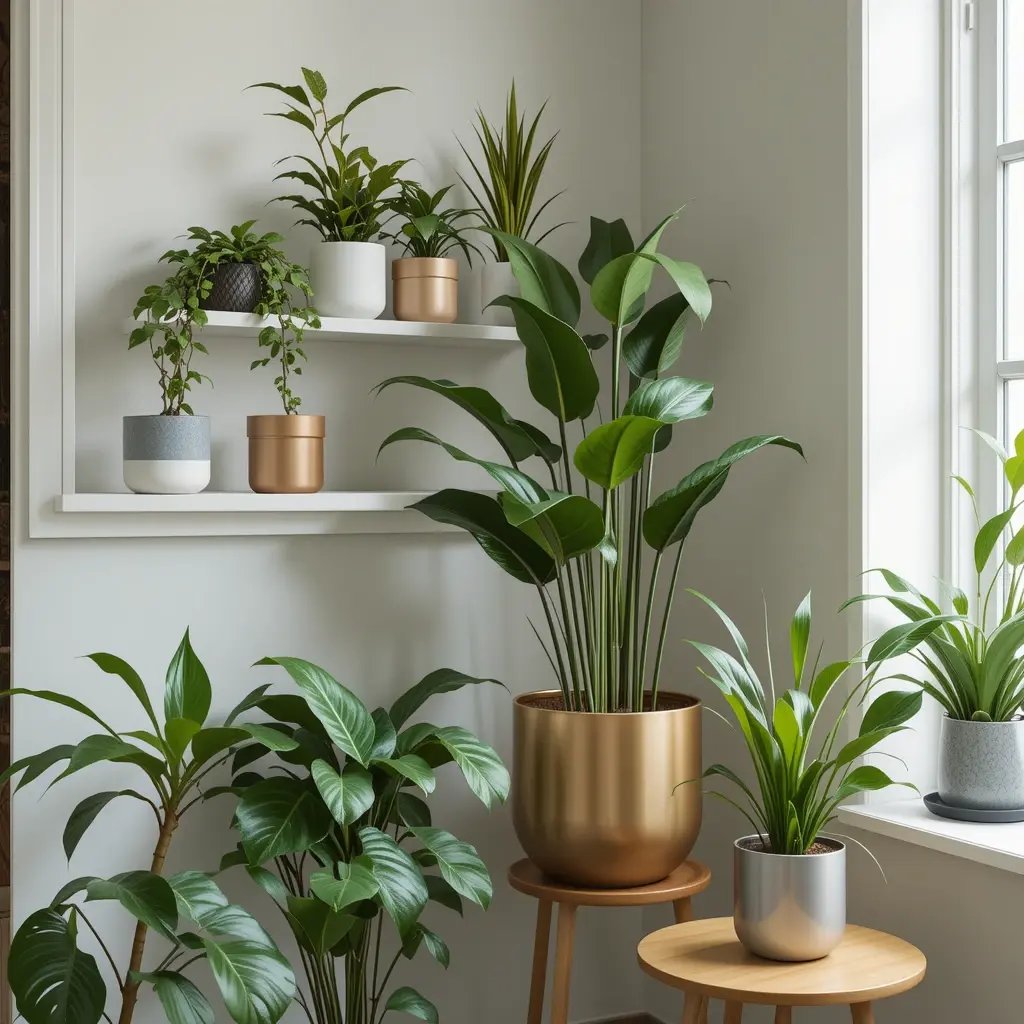 Plants add life and freshness without cluttering your space. Choose small, sculptural plants like succulents, snake plants, or pothos for easy maintenance. Use modern planters in metallic or matte finishes to keep the look chic. Placing plants on shelves, side tables, or hanging pots creates a dynamic, lively atmosphere. They also improve air quality and bring a natural element to your modern decor. Images suggestion: A corner with tall, sleek potted plants in minimalist planters.