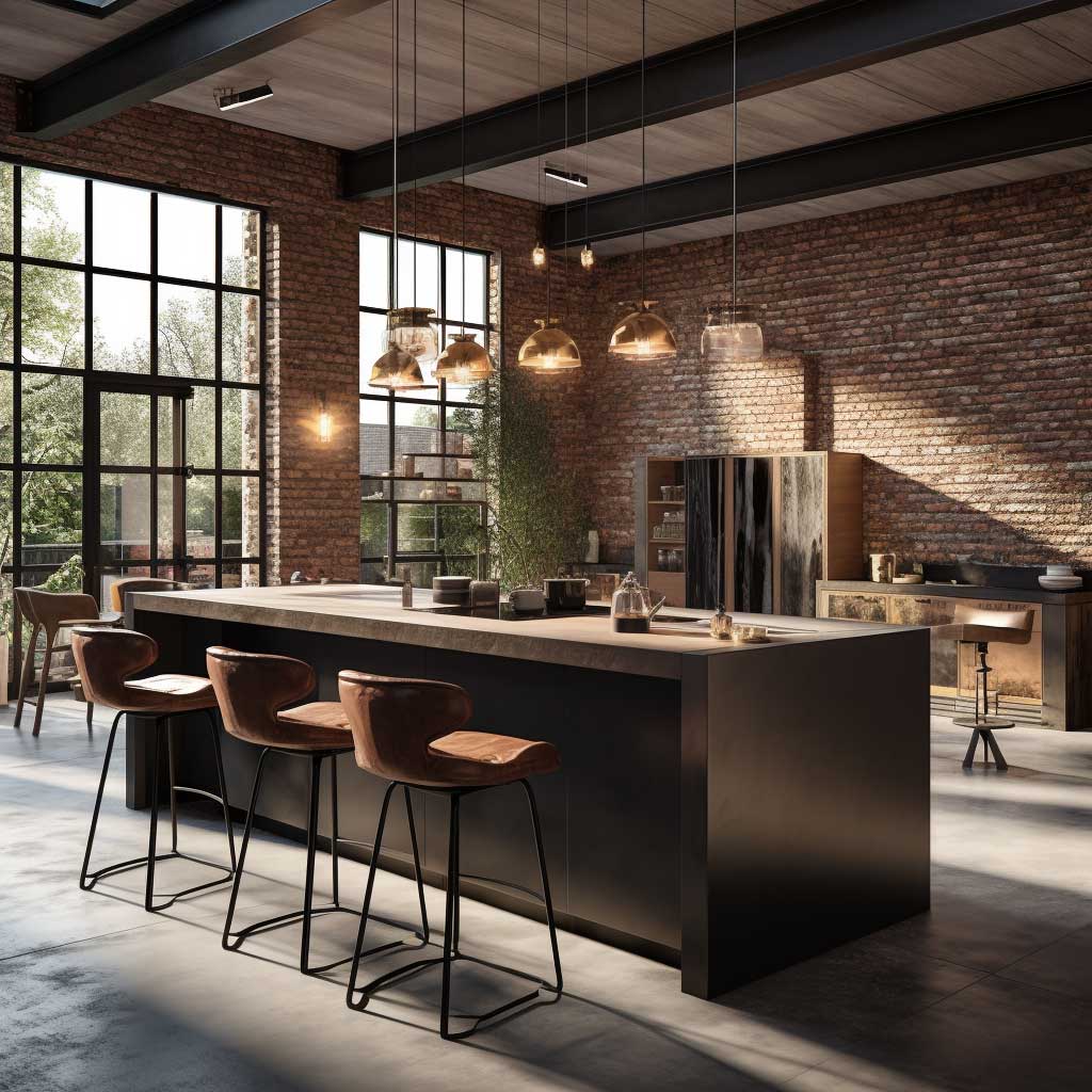 Modern Kitchen Island with Exposed Brick
