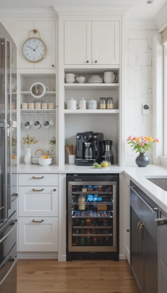 Dedicate a small section of your kitchen to a built-in coffee or beverage station with a niche for mugs, an espresso machine, and a mini fridge for creamers or sodas. This keeps everything organized and saves counter space.
