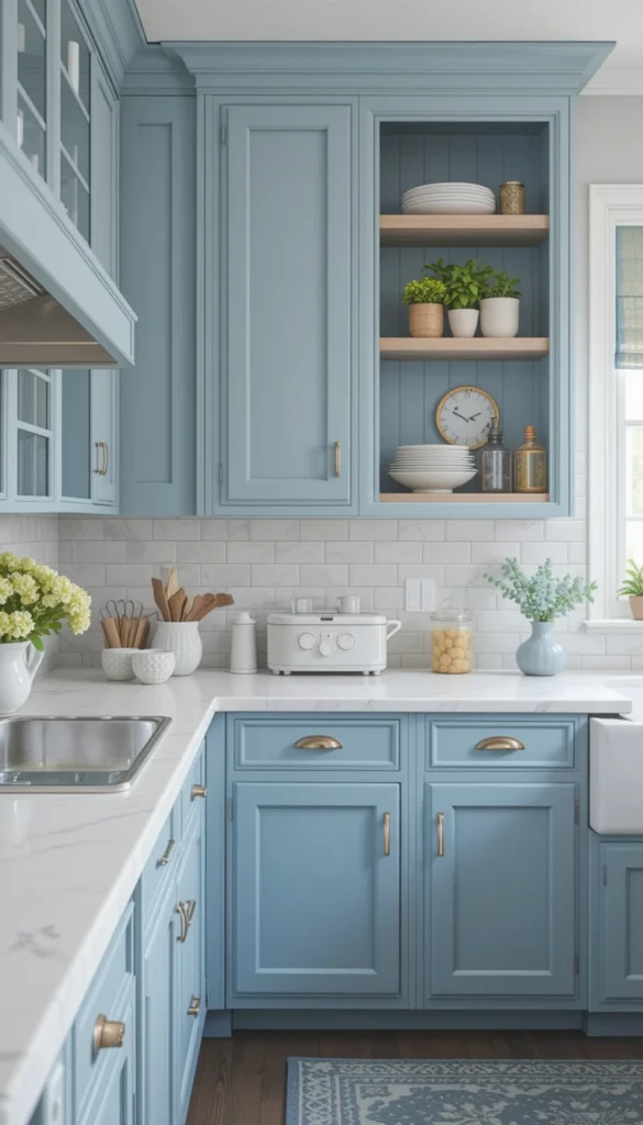 Soft, powdery blues are making a comeback, especially in coastal and cottage-style kitchens. This color creates a calming atmosphere, making the kitchen feel light, fresh, and welcoming. It works beautifully with white quartz countertops, open shelving, and vintage-style hardware. If you want a more modern take, opt for a muted blue-gray shade for a subtle, sophisticated twist.