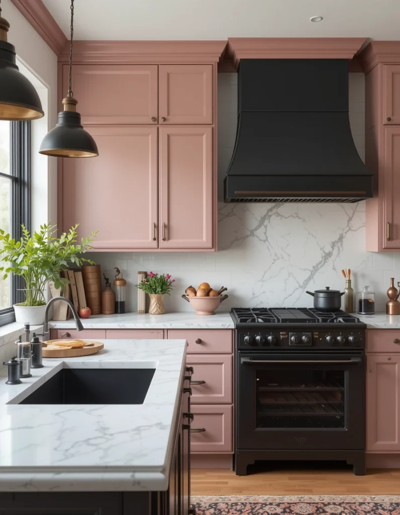 Blush pink isn’t just for bedrooms—it’s also becoming a trendy neutral alternative in kitchens. The key to making blush work is choosing a dusty, warm-toned version, rather than a bright or bubblegum pink. Pair it with matte black fixtures, warm wood, and white marble to keep the look grounded and sophisticated.