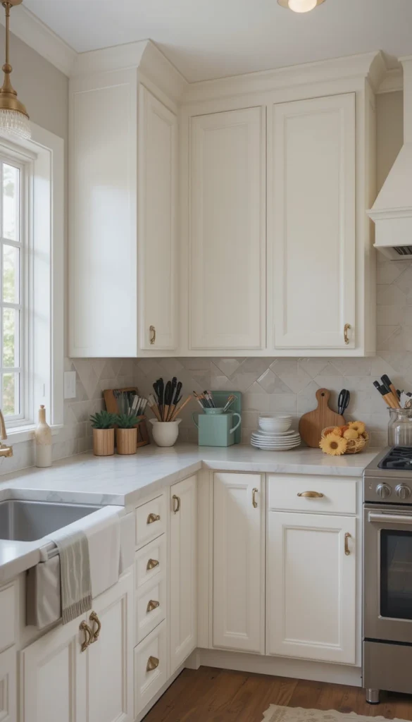 White kitchen cabinets remain a favorite because they offer a clean, bright, and timeless appeal. They make small kitchens feel more spacious and blend seamlessly with any design style, from modern to farmhouse. However, the key to making white cabinets feel fresh in 2025 is pairing them with warm undertones—think creamy whites, off-whites, or even soft beige whites. If you love the all-white kitchen trend but want to avoid a sterile look, consider adding brass hardware, natural wood accents, or textured backsplashes for depth.
